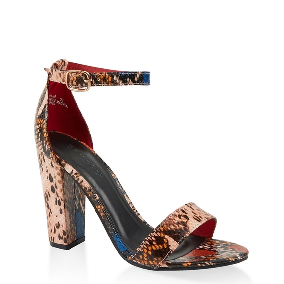 snake print ankle strap heels